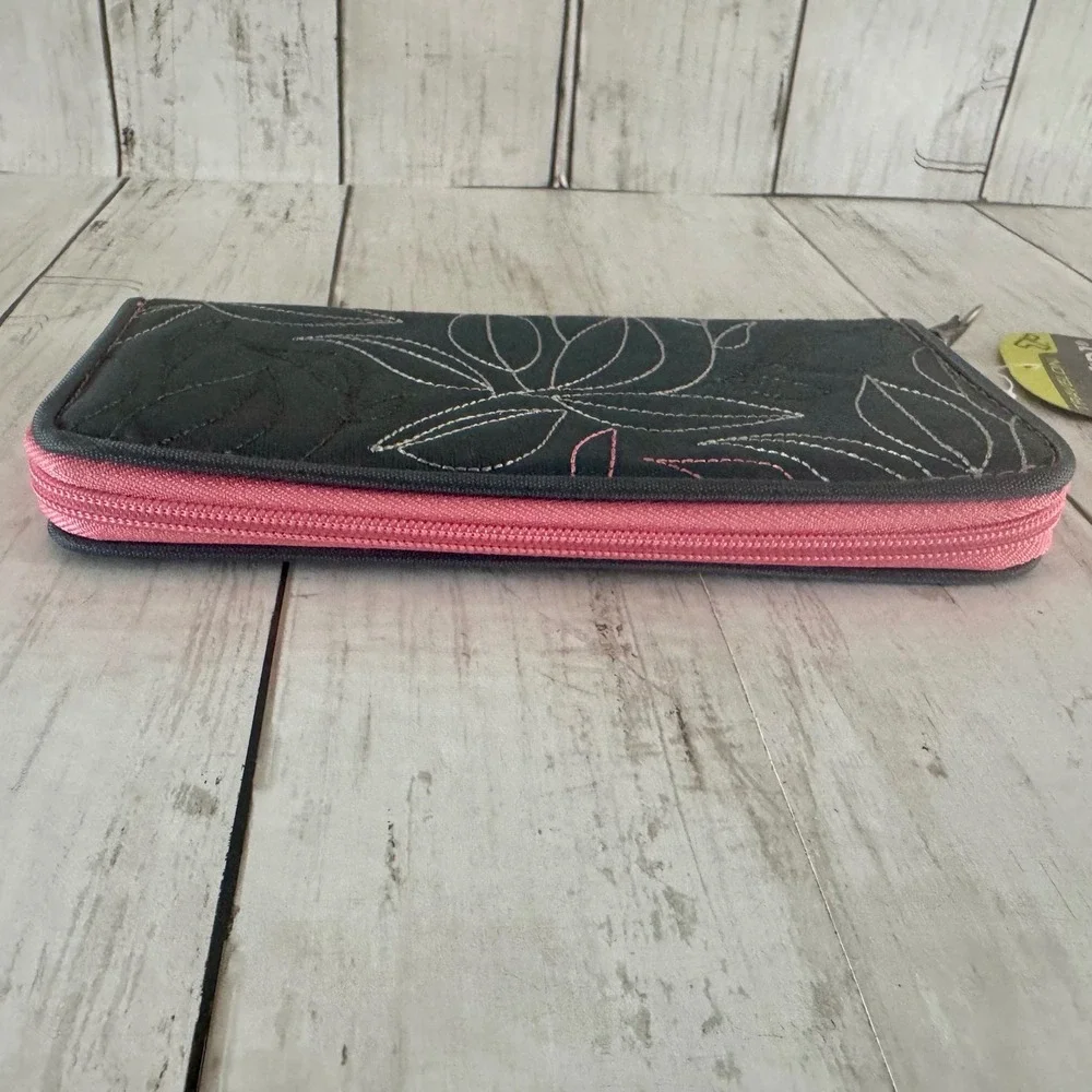 Travelon Safe ID RFID Blocking Zip Around Wallet Gray Pink Floral Embroidered